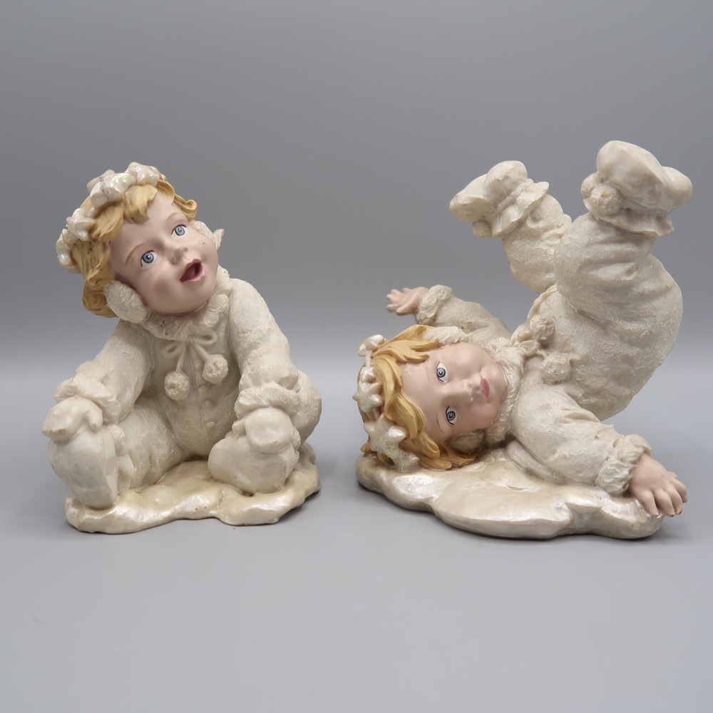 Two Cherub Figurine Snow Angel Hand Painted Figurine Statue Lot of 2‎